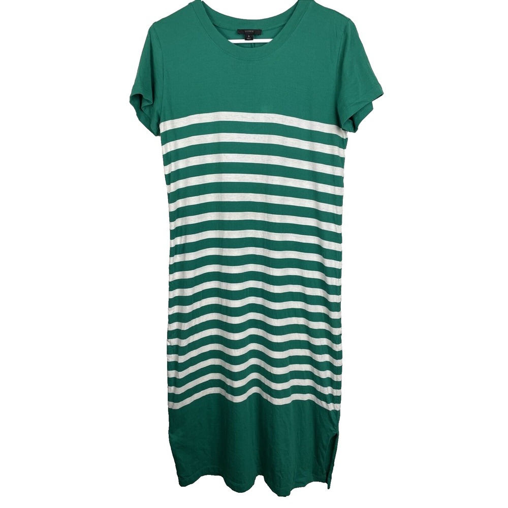 J Crew T Shirt Dress Small Green White Striped Midi Length Cotton Black Label